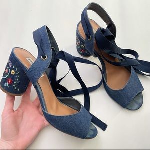 Steve Madden Denim Embroidered Ribbon Lace Up Heels